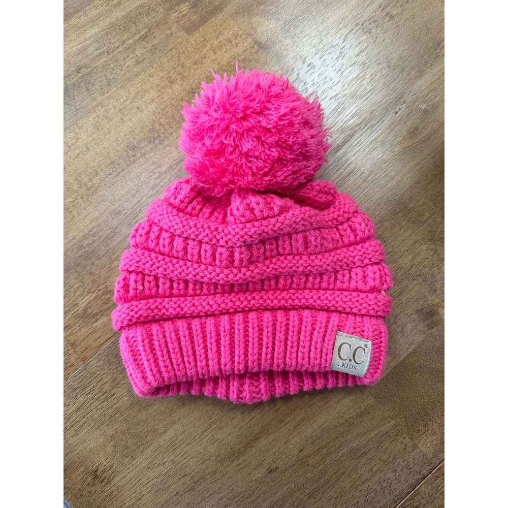 CC Kids Neon Hot Pink Cable Knit Beanie Pom Pom Winter Hat